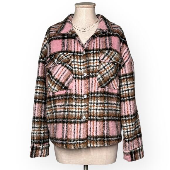 LULUS The City is Calling Plaid Pink Shacket Lagenlook Relaxed Coquette Cozy - Picture 5 of 16